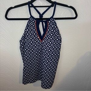 JAG Geometric High Neck Racerback Tankini Swim Top in Navy White Size M
